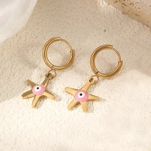 14k gold-plated stainless steel starfish hoop earrings featuring pink evil eye accents