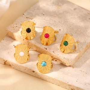 Bohemian gold stainless steel ring set with turquoise stones and sunflower engravings
