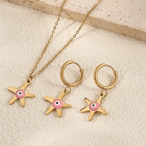 18k gold plated starfish jewelry set with pink evil eye necklace and earrings