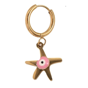 Minimalist 14K gold plated starfish hoop earrings with pink evil eye charm for women