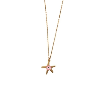 Gold 18k plated stainless steel starfish necklace with pink evil eye charm pendant