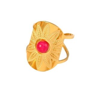 Golden sunflower open ring with red gemstone center made of durable stainless steel