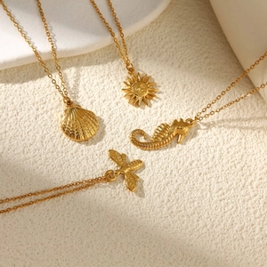 18k gold plated stainless steel necklaces with sun shell seahorse and bee pendants