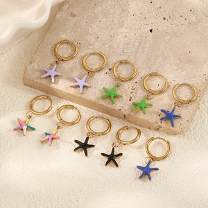 Gold stainless steel starfish hoop earrings set with colorful enamel charms in five colors