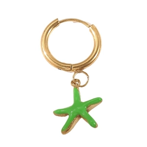 Gold stainless steel starfish hoop earrings with glossy green enamel pendants