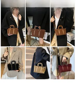 Collage of model carrying various colors of vintage matte cylinder handle crossbody bags
