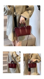 Three-way view of a burgundy suede crossbody bag styled as handbag and shoulder bag