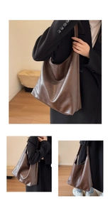 Detailed view of deep brown faux leather tote with litchi grain and soft texture