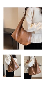 Detailed views of a large vintage brown PU leather tote bag with soft texture and wide straps