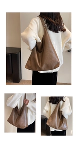 Detailed views of a large dark brown PU leather tote bag with a minimalist design