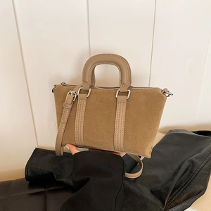 Retro khaki frosted leather Boston bag for women with top handle and crossbody strap