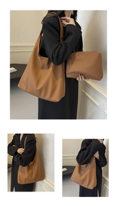 Close-up of caramel brown pebble leather tote bag with matching inner pouch detail