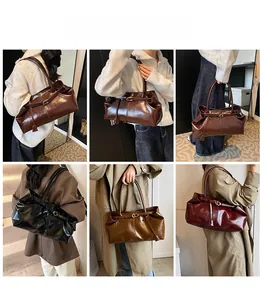 Collage di borse shopper in pelle marrone scuro, nero, caramello e bordeaux a tracolla