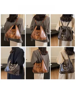 Detailed views of vintage leather drawstring backpack with bow detail in brown and gray