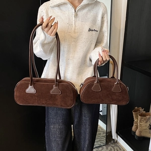 Brown frosted suede bowling bag and shoulder tote set with vintage silver hardware