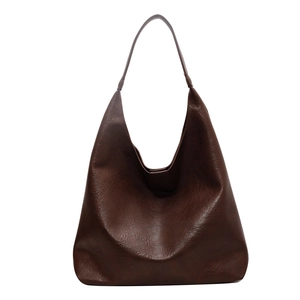 Minimalist large capacity dark brown PU leather tote bag with vintage pleated texture