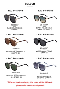 Detailed catalog showing six colors of square polarized pilot sunglasses for men