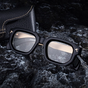 Premium black square frame sunglasses with gold T logo accents and leather case