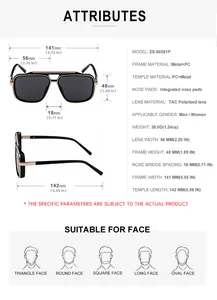 Detailed size chart for square polarized sunglasses showing dimensions and technical specs
