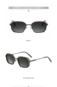 Detail of gunmetal metal sunglasses with grey-green lenses and mesh side shield accents