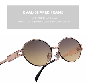 Detailed view of rose gold oval sunglasses with hollow engraved temples and brown lenses