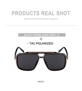 Detail of square black sunglasses with gold metal accents and TAC polarized lenses