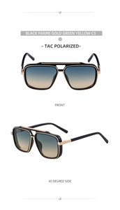 Detail view of square pilot sunglasses with black frames and gold metallic finish