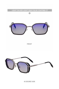Detail view of silver square frames with blue-purple gradient lenses and grid textures