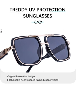 Detailed close-up of polarized sunglasses with golden metal bridge and UV protection lenses