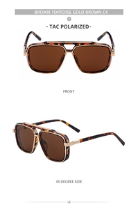 Detail view of square tortoise shell sunglasses with gold accents and brown polarized lenses