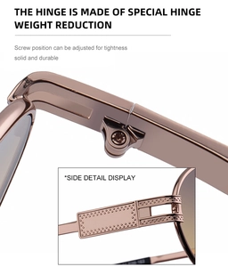 Detail of rose gold sunglasses hinge featuring adjustable screws and solid construction
