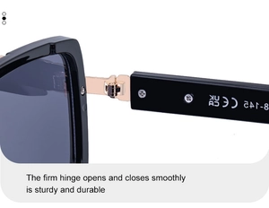 Close-up of firm metal hinge and CE certification on black polarized sunglasses frame