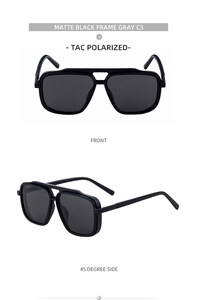 Front and 45-degree side view of matte black square polarized sunglasses with double bridge