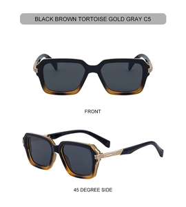 Vue détaillée de lunettes de soleil carrées avec monture noire et écaille et détails dorés