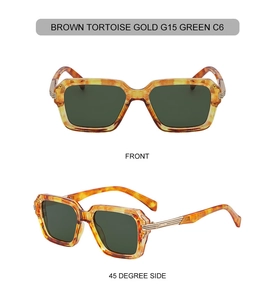 Vue de face et latérale de lunettes de soleil carrées en écaille avec détails dorés