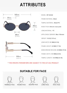 Detailed sizing chart with dimensions and material specs for oval frame sunglasses