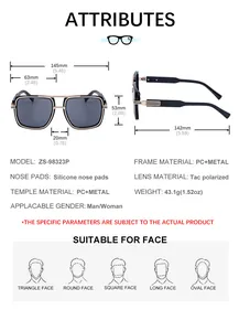 Detailed size chart for men's polarized sunglasses showing exact dimensions and measurements