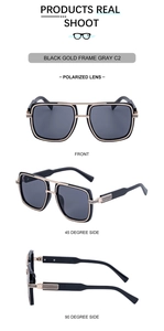 Close-up of black and gold square frame sunglasses with polarized lenses and side detail