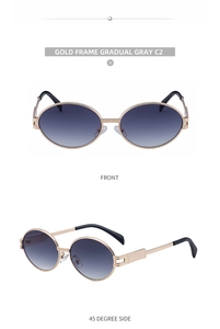 Detail view of oval metal sunglasses with gradual gray lenses and textured temples
