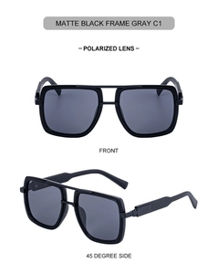 Detail of matte black square aviator sunglasses with polarized lenses and double bridge design