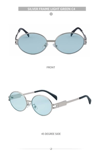 Front and 45-degree side view of oval silver sunglasses with light green lenses and cut-out temples