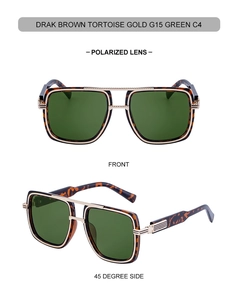 Detailed front and side views of polarized pilot sunglasses with gold and tortoiseshell frames