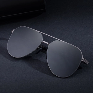 Classic grey metal aviator sunglasses with polarized lenses and double bridge design