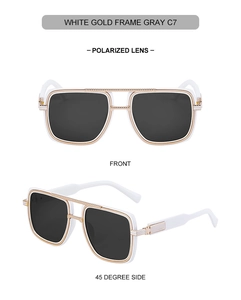Detail view of white gold frame polarized sunglasses with gray lenses from two angles