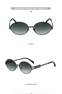 Front and side view of oval gunmetal sunglasses with gray green gradient lenses