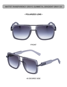 Detail view of matte transparent gray polarized sunglasses with gunmetal bridge