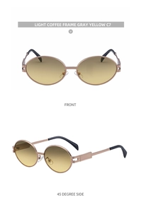 Detailed front and side view of oval metal sunglasses with light coffee frame and yellow lenses