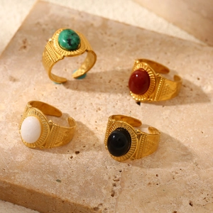 Set of four gold stainless steel open rings with colorful natural stones in retro style