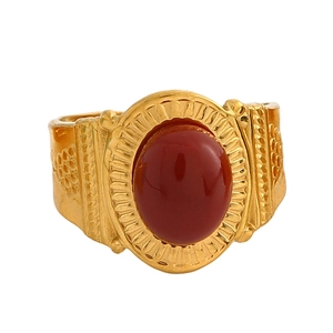 Vintage stainless steel open ring with wide gold band and oval red agate gemstone