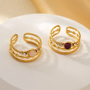 Gold-plated hollow layered ring with natural stones and pavé cubic zirconia for women